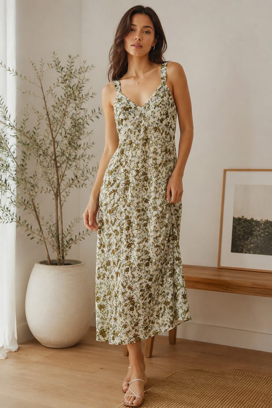 Moussy Floral Slip Midi Dress NWT Size 2 Cream Green Lace Trim Minimalist